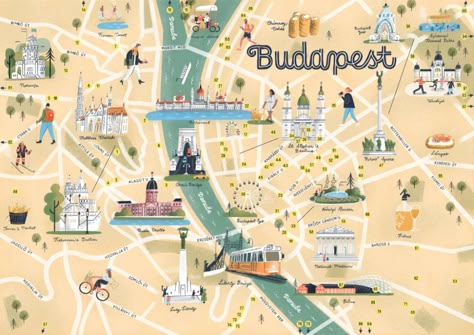 Budapest Map, Tom Froese, Prague Map, Budapest Travel, Map Projects, City Restaurants, Voyage Europe, Illustrated Map, Budapest Hungary