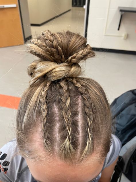 Quick Volleyball Hairstyles, Crazy Volleyball Hairstyles, Cool Volleyball Hairstyles, Braid Hairstyles Athletic, Gymnast Hairstyles For Meets, College Gymnastics Meet Hair, Fun Volleyball Hairstyles, Unique Volleyball Hairstyles, Gymnastics Buns For Meets