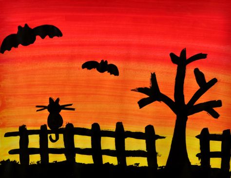 Spooky Silhouette painting Autumn Silhouette Art, Sunset Silhouette Painting, Blow Painting Art, Silhouette Trees, Class Art Projects, Halloween Art Projects, How To Make Orange, November Activities, Kids Silhouette