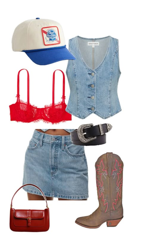 Indy Concert Outfit, Usa Country Concert Outfits, Country Belt Outfit, Nashville Inspo Outfits, Corset Country Outfit, Uark Gameday Fits, Diy Gameday Outfit, Cole Swindell Concert Outfit, Calgary Stampede Outfits For Women