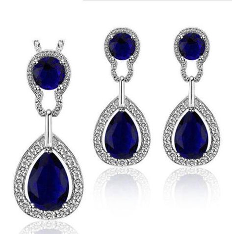 Vintage Luxury Teardrop Jewellery Set Dark Blue Drop Stud Earrings Necklace S648 Blue Jewelry Set, Teardrop Jewelry, Vintage Wedding Jewelry, Crystal Jewelry Sets, Detailed Jewelry, Jewelry Luxury, Set Jewelry, Teardrop Necklace, Zirconia Earrings