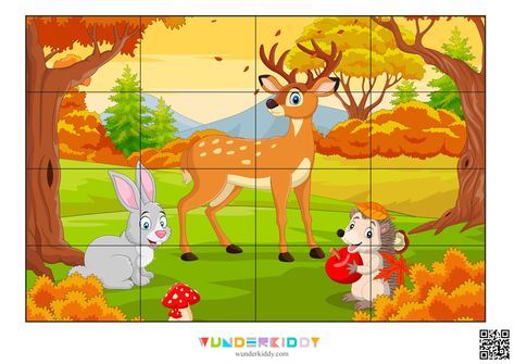 The game «Autumn Math Puzzle» will show preschoolers that solving examples is not tedious. In the task, the child needs to cope with 16 math problems to complete the puzzle with a colorful autumn illustration. First, you should print a free PDF file and glue the sheets with the landscape with animals (page 2) and tasks (page 3). As a result, you will get double-sided cards when you cut the glued sheets into separate elements. The received cards should be turned face down. There are two types of Puzzles For Kindergarten, Landscape With Animals, Autumn Puzzle, Preschool Puzzles, Free Printable Puzzles, Dramatic Play Preschool, Math Puzzles, Puzzle For Kids, Fall Math