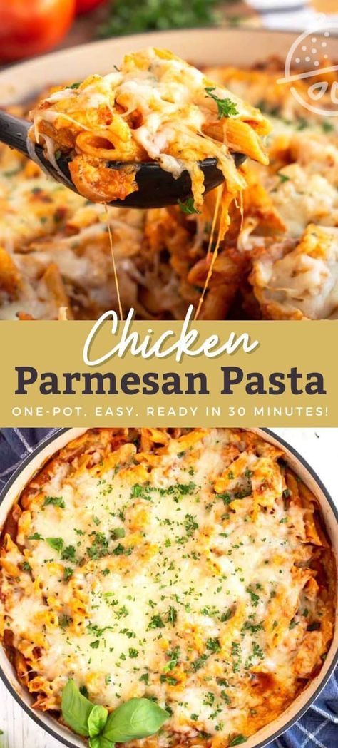 Recipes That Use Parmesan Cheese, Chicken Parm Pasta Casserole, Baked Chicken Parmesan Pasta, Pasta Dishes Recipes Chicken, Chicken And Pasta Sauce Recipes, Chicken Marinara Pasta Bake, Alfredo And Marinara Pasta With Chicken, Dinner With Marinara Sauce, One Pan Chicken Pasta Bake