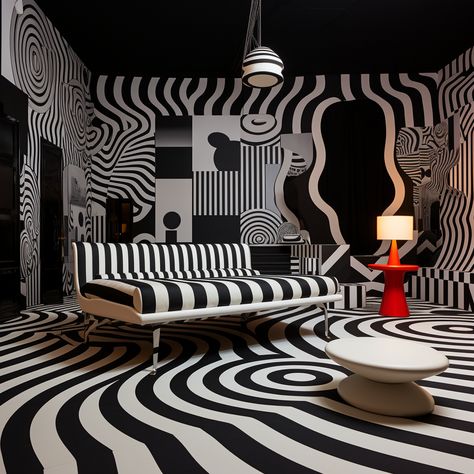 Op Art: Using optical illusions and geometric patterns to create visually engaging and dynamic art. Op Art Interior Design, Optical Illusion Wall Art, Congolese Art, Illusion Room, 2d Sketch, Moving Optical Illusions, Trippy Room, Art Hotel, Dynamic Art