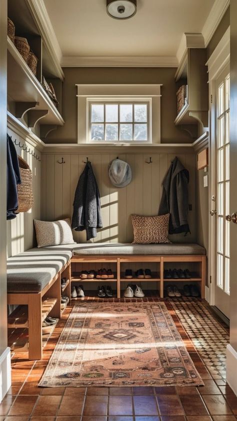 Cabin Mud Room Ideas, Large Mudroom Ideas Entryway, Sunroom Mudroom Combo, Mudroom With Window, Mudroom Layout, Mudroom With Storage, Entry Mudroom Ideas, Lambriseringen Gang, Organized Mudroom