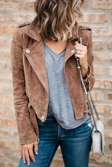 A Moto Jacket + 5 Universal Motherhood Truths | my kind of sweet | fall style | mom life | casual style | real mom style | outfit idea | denim Youtube Style, Casual Mom Style, Fashion Queen, Brown Suede Jacket, 50 Style, Ag Jeans, Instagram Style, Pants Style, Cute Fall Outfits