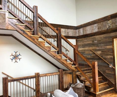 Reclaimed Timber Stair Railings - Enterprise Wood Products Shop Stairs Design, Rustic Staircase Ideas, Rustic Staircase Farmhouse Style, Wood And Metal Staircase, Rustic Stair Railing Ideas, Cabin Stairs, Farmhouse Stairs, Loft Railing, Wood Stair Treads