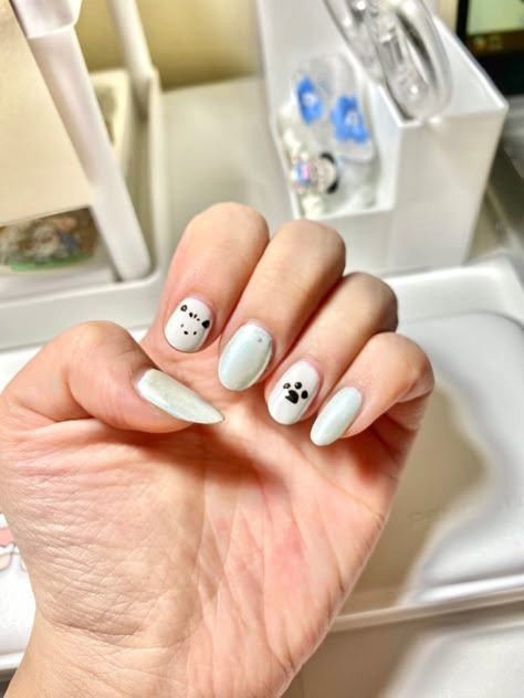 pochacco | nailart Sanrio Nails Simple Short, Pochacco Nails Acrylic, Pochacco Nail Art, Pompompurin Nails, Pochacco Nails, Nail Time, Pretty Gel Nails, Nails Only, Cute Animal Drawings Kawaii