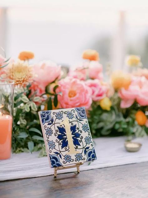 Tile Table Numbers, Blue Wedding Theme Ideas, Mexican Tile Table, Garden Table Numbers, Engagement Party Centerpieces, Blue Wedding Color Palette, Unique Table Numbers Wedding, Mosaic Wedding, Unique Table Numbers