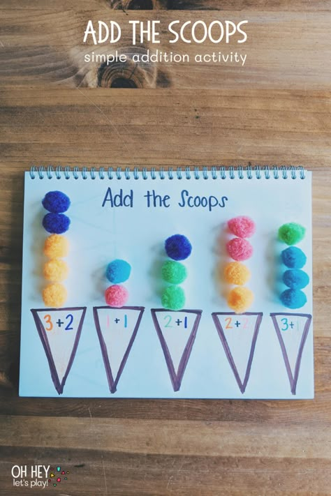 Early Maths Activities, Activities Math Preschool, Addition Art Activities, Montessori Addition Activities, Addition For Kindergarten Activities, Addition Activity For Preschool, Ice Cream Addition, Adding Activities Preschool, Early Addition Activities