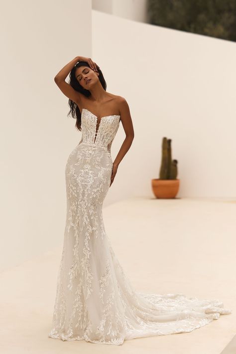 Euphoric dream.A bride will look seductive, sexy and elegant at the same time wearing a mermaid silhouette dress in ivory. The semi-transparent corset Elegant Civil Wedding Dress Classy, Civil Wedding Dresses Classy, Dress Necklines, Transparent Corset, Off The Shoulder Wedding Dresses, Greek Wedding Dresses, Silhouette Dress, Wedding Dress Guide, Gown Inspiration