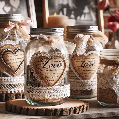 Lace Valentine Heart, Valentine Jar Ideas, Crafts For Valentines Day For Adults, Mason Jar Valentines Ideas Diy Gifts, Valentine Crafts For Adults To Sell, Vintage Valentine Crafts Ideas, Spring Crafts For Adults Diy, Valentine Crafts For Adults Diy, Vase Craft Ideas