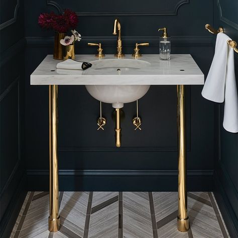 Waterworks on Instagram: “Making a formal statement: Our Foro faucet dresses up a bath with its finely etched vintage silver detailing. #ThePerfectBath…” Console Sink, Powder Room Design, Cheap Bathrooms, Downstairs Bathroom, Bathroom Pictures, Bathroom Design Luxury, Lavatory Faucet, Rustic Bathroom, Black Bathroom