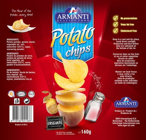 Design #22 by tomdesign.org | Give a label to our new Armanti Chips in tins! Meat Chips, Chips Packaging, Snacks Packaging, Chip Packaging, Label Packaging, Luxury Packaging Design, Packaging Template, Food Pack, Food Advertising