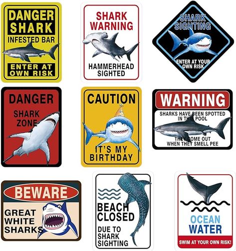 Amazon.com: WERNNSAI Shark Zone Party Decorations - 9 PCS Shark Party Warning Signs for Boys Kids Birthday Shark Party Wall Decorations Ocean Shark Themed Party Supplies : Home & Kitchen Surf Theme Party, Shark Sign, Ocean Shark, Shark Party Decorations, Shark Themed Party, Party Wall Decorations, Shark Decor, Birthday Wall, Shark Birthday Party