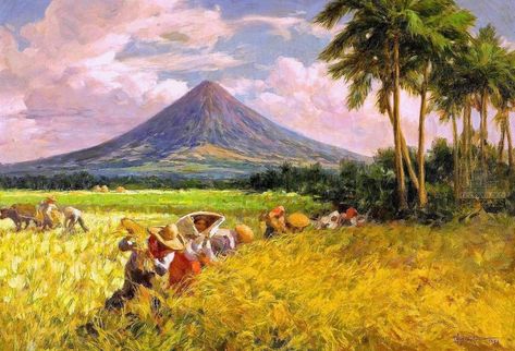 Painting of Mt. Mayon by Fernando Amorsolo, one of the Philippines’ great artists. Fernando Amorsolo, Mayon Volcano, Filipino Art, Philippine Art, Philippines Culture, Rice Field, Most Famous Paintings, Filipino Culture, Art Village