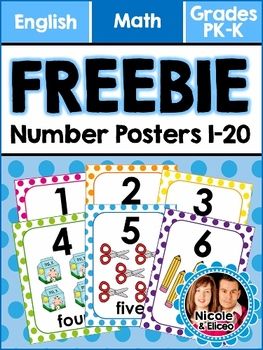 FREEBIE 4 FOLLOWERS - Mini-Posters for Numbers 1-20 Number Posters Free 1-20, Head Start Classroom Ideas, Number Posters Kindergarten, Preschool Number Posters, Number Posters Free, Preschool Number Cards, Kinder Classroom Decor, Signs For Classroom, Kids Learning Charts