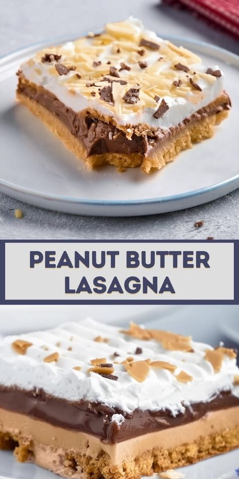 Peanut Butter Lasagna Peanut Butter Chocolate Lasagna, Carrot Cake Cheesecake Bars, Butter Cookie Crust, Peanut Butter Cookie Lasagna, Protein Peanut Butter Ball Recipes, Peanut Butter Lasagna, Raspberry Cake Recipes, Chocolate Peanut Butter Recipes, Homemade Chocolate Pudding