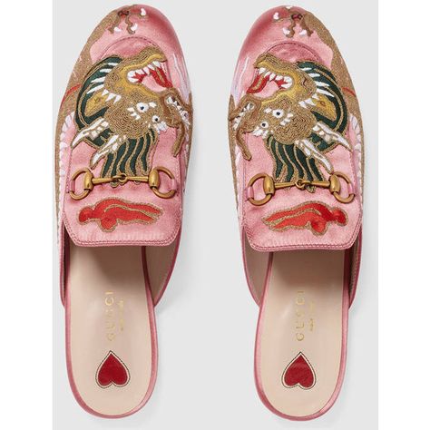 Gucci Princetown Satin Slipper With Dragon ($935) via Polyvore featuring shoes and slippers Princetown Gucci, Gucci Princetown, Mode Hippie, Gucci Fashion, Leather Slippers, Womens Shoes High Heels, Crazy Shoes, Gucci Mules, Shoe Obsession