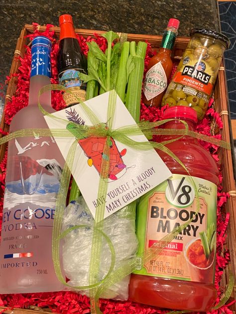 For the bloody mary lover at Christmas Liquor Basket Ideas For Women, Alcoholic Drink Gift Baskets, Alcohol Bday Gifts, Alcohol Drink Basket Gift Ideas, Diy Christmas Gifts Alcohol, Vodka Basket Gift Ideas, Basket Of Cheer Ideas Alcohol, Adult Christmas Gift Baskets, Rum Gift Basket Ideas