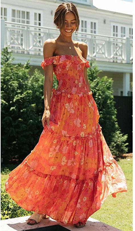 Anna-Kaci Women's Off Shoulder Dress Casual Ruffle Boho Floral Print Summer Beach Maxi Dresses, Orange, Medium at Amazon Women’s Clothing store Santorini Outfit Ideas, Dresses For Balls, Photoshoot Theme Ideas, Santorini Outfit, Orange Flower Dress, Apricot Crush, فستان زهري, Blue Floral Sundress, Photoshoot Theme