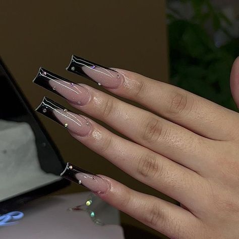 Black French Tip With Gems, Black French Nails With Design, Black Nails With Gems, Black Frenchies, Black French Nails, Acrylic Nail Designs Coffin, Black French Tip, Tapered Square Nails, French Tip Acrylic Nails