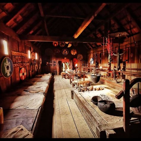 Viking House Interior Concept Art, Viking Style Home, Viking Longhouse Interior, Viking Aesthetic Home, Viking Village Aesthetic, Viking Home Aesthetic, Viking Style House, Longhouse Interior, Norse Buildings