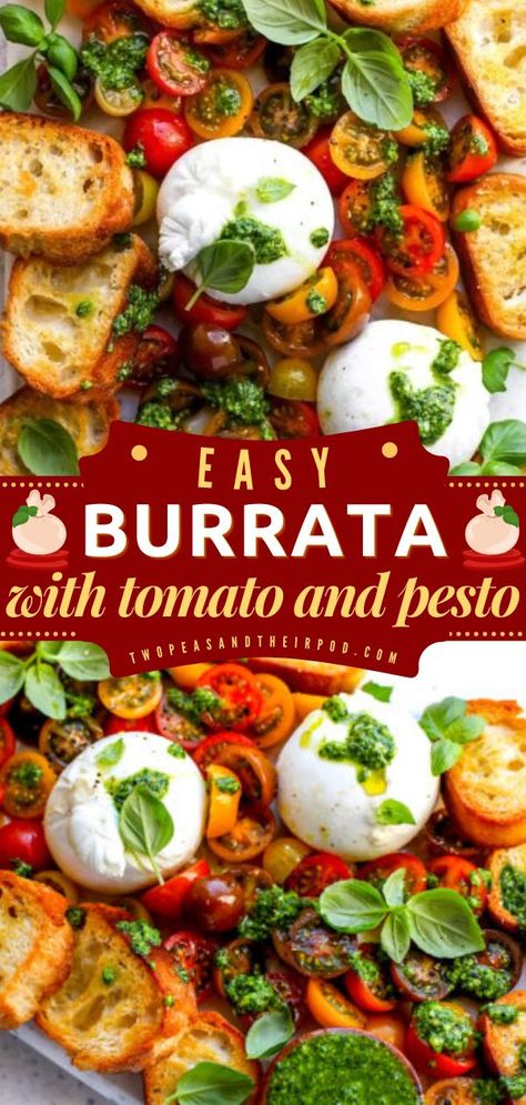 Burrata with Tomatoes & Pesto, Gameday food, Gameday appetizer recipes Summer Vegetarian Appetizers, Pesto Appetizer Recipes, Garlic Toasts, Pesto Appetizers, Gameday Food, Eid Moubarak, Burrata Recipe, Greek Diet, Summer Appetizers Easy