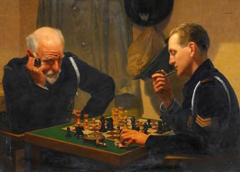 A Quiet Night (Air Raid Wardens Playing Chess) Emilio C.L. Taffani Chess Images, Ron Hicks, Chess Art, Painting Corner, How To Play Chess, Art Through The Ages, Playing Chess, Chess Players, Air Raid