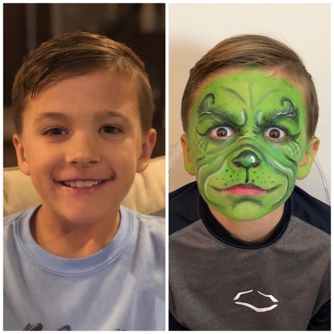 Grinch Makeup Kids, Grinch Face Paint, Grinch Makeup, Guy Face, Grinch Costumes, Christmas Face Painting, Makeup Before And After, Grinch Face, Halloween Party Dinner