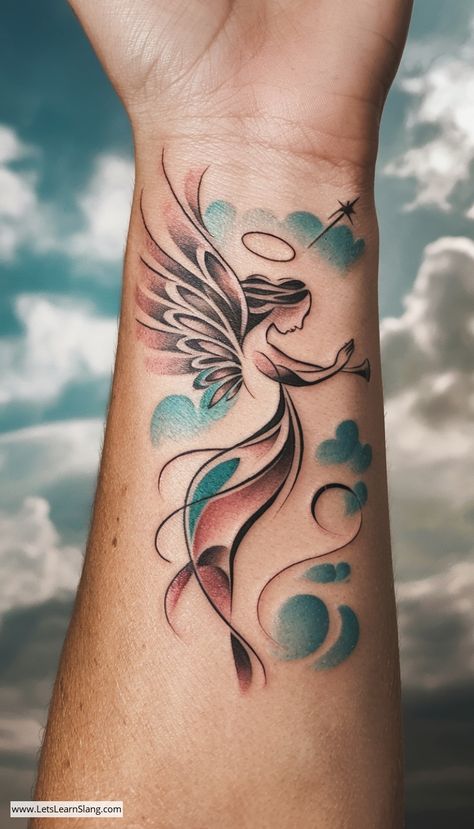 Abstract Angel Wing Wrist Tattoo Angel Wrist Tattoos For Women, Angel Hand Tattoos For Women, Angel Tattoo Designs Women, Angel Wings Wrist Tattoo, Small Angel Wing Tattoos For Women, Wing Tattoos For Women, Wing Wrist Tattoo, Mom Remembrance Tattoos, Angel Wing Wrist Tattoo