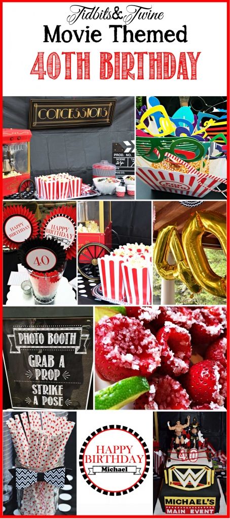 How to throw a movie-themed party!  Links and free downloadable photo booth sign included!  More at www.tidbitsandtwine.com 80s Movies Party Theme, 40th Birthday Movie Theme, Birthday Party At The Movie Theater, Movie Night Themed Birthday Party Walmart, Movie Themed Costumes, Movie Night Themed Birthday Party Zazzle, Movie Theme Birthday Party, 40th Birthday Men, Make Your Home Cozy