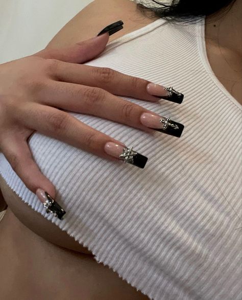 Coffin Gem Nails, Cross Nails, Tapered Square Nails, Punk Nails, Her Nails, French Acrylic Nails, Soft Nails, Unique Acrylic Nails, Gem Nails