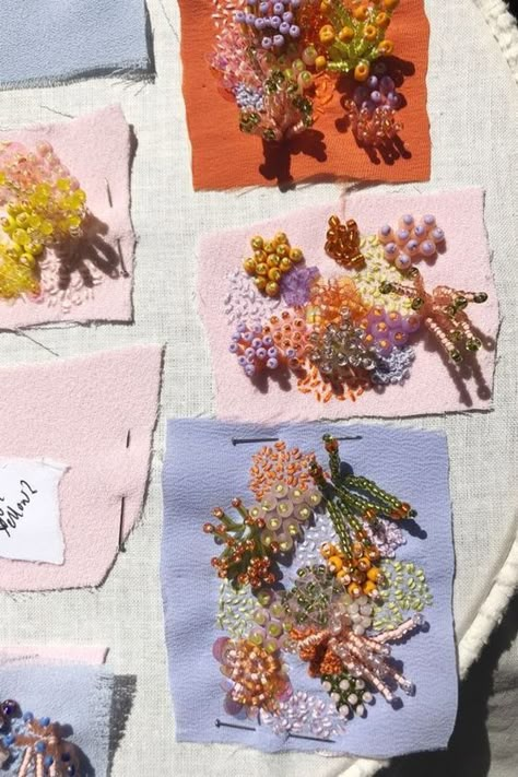 Beaded Textile Art, Colourful Embroidery Designs, Handmade Mood Board, Beading Textiles, Crochet Sketchbook, Spring Textiles, Beaded Embroidery On Fabric, Summer Textiles, Textiles Aesthetic