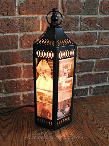 Photo Lantern - would look really cool in the living room with pictures from our trip to New Orleans. Rustic Lantern Centerpieces, Photo Lantern, Lantern Decorations, Christmas Help, Hallowen Ideas, Lamp Posts, Wood Crafting, Christmas Lantern, Lantern Centerpieces