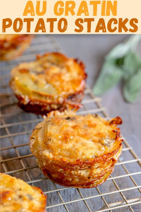 Potatoes In Muffin Tin Recipe, Potato Stacks Muffin Tins, Potato Stack, Potato Stacks Recipes, Cheesy Potato Gratin, Potato Cakes Recipe, Au Gratin Potato Recipes, Potato Stacks, Potato Appetizers