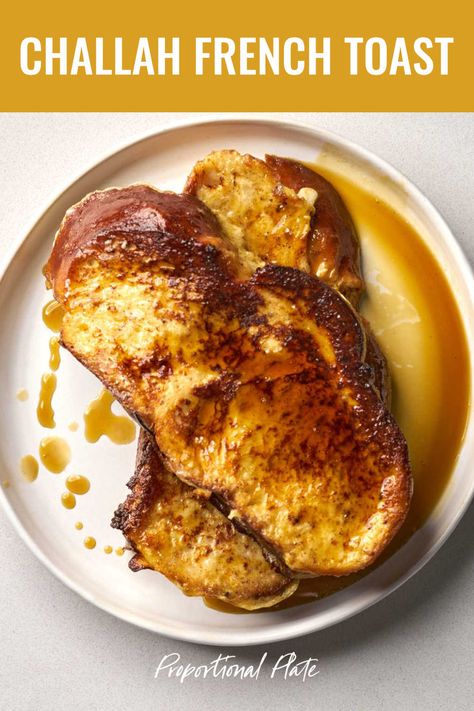 Two slices of french toast with maple syrup on a white plate. Challah Bread French Toast, Easy Challah, The Best French Toast, Homemade Brunch, Challah Bread Recipes, Challah French Toast, French Bread French Toast, Best French Toast, Challah Bread