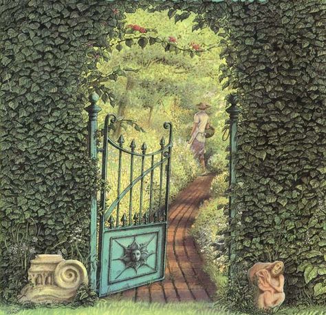 Angela barrett Angela Barrett, Fairytale Garden Drawing, Secret Garden Illustration, Angela Barrett Illustrations, Fairy Home Illustration, Fairytale Garden Painting, East Of The Sun, Storybook Art, Classical Art