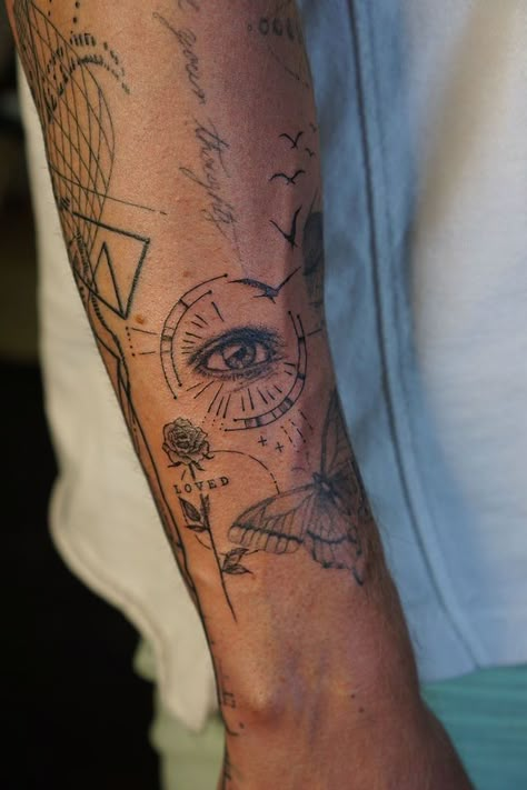 Men’s Line Art Tattoo, Men’s Line Work Tattoo, Mens Patchwork Tattoo Sleeve Arm, Forearm Aesthetic Tattoo, Fine Line Sleeve Men, Tattoo Arms Men, Realistic Fine Line Tattoo, Realistic Fine Line Geometrical Tattoo, Cool Eye Tattoos