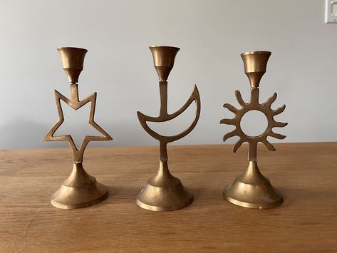 Celestial Room Decor, 3 Moon, Celestial Decor, Brass Candlestick, Witchy Decor, Redecorate Bedroom, Moon Sun, Brass Candlesticks, Gothic House