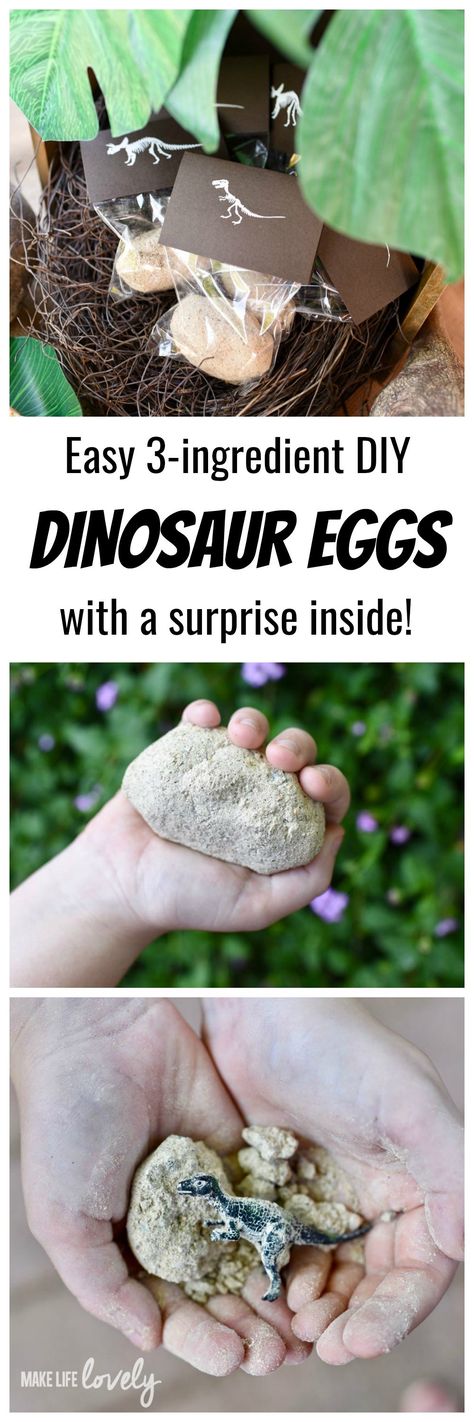 Dinosaur Egg Scavenger Hunt, Dino Dig Diy, Diy Dinosaur Party Games, Diy Dinosaur Centerpieces, Dino Party Activities, Dinosaur Egg Fossil, Dinosaur Favor Bags, Party Themes For Kids, Dinosaur Snacks