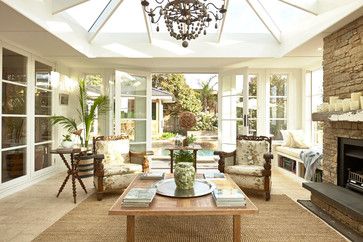 Conservatory transitional porch Sunroom With Fireplace, Marble Living Room Table, Conservatory Extension, Marble Living Room, Orangery Extension, Conservatory Design, Mount Martha, Wooden Garden Table, Garden Houses