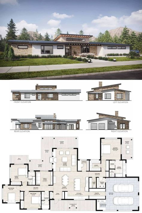 Ultra Modern Homes Floor Plans, Floor Plans With Lots Of Windows, Unique Bungalow Design, Small Modern Home Floor Plans, Mid Century Modern Floor Plan, Unique Home Floor Plans, Mid Century Floor Plans, Long House Design, Mid Century Modern Floor Plans