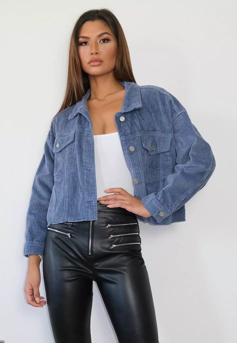 Blue Pleat Back Cord Cropped Jacket | Missguided Blue Corduroy Jacket Outfit, Blue Corduroy Jacket, Denim Clothes, Denim Jean Dress, Long Sleeve Denim Jacket, Denim Clothing, Double Denim, Jacket Outfit, Denim Collection