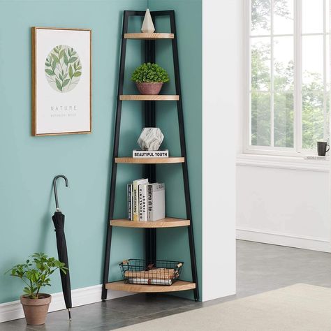 Tall Corner Shelf, Bookshelves For Small Spaces, Corner Ladder Shelf, Shelf Industrial, Bookcase Wood, Corner Bookshelves, Small Bookcase, Corner Storage, Etagere Bookcase