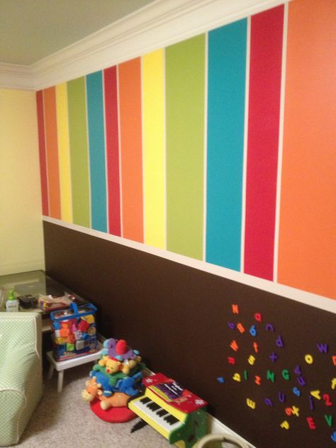 My daughter's dream playroom created by my super-talented friend! The bottom is chalkboard and magnet paint. Paint Ideas For Kids, Kids Room Wall Paint, Magnet Paint, Playroom Paint Colors, Playroom Paint, Magnetic Paint, Preschool Room, Colorful Playroom, Basement Playroom