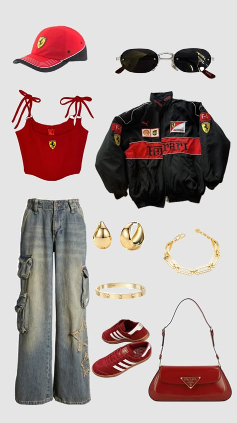 ferrari race fit🏎️❤️ Sixth Form Outfits, Race Outfit, Dubai Outfits, Race Day Outfits, Color Combos Outfit, Cute Nike Outfits, Stunning Prom Dresses, Aesthetic Fits, Event Outfit