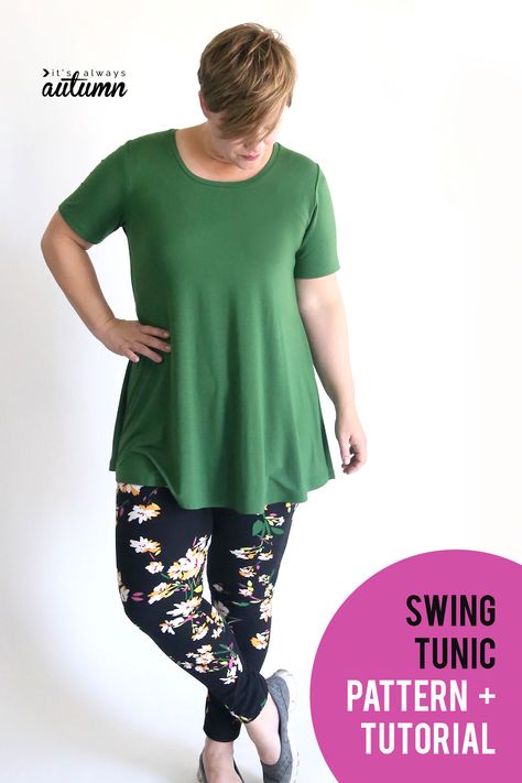 Sew up a cute swing tunic to wear with your favorite leggings this fall! Easy sewing pattern and tutorial. #itsalwaysautumn #swingtop #swingtoppattern #swingtunic #tunicpattern #sewingpattern Free Tunic Sewing Pattern, Tunic Sewing Patterns, Sewing Tops, Plus Size Sewing, Sew Ins, Beginner Sewing Projects Easy, Tunic Pattern, Easy Sewing Patterns, Sewing Projects For Beginners