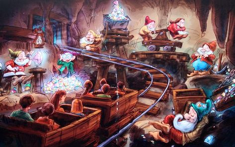 Seven Dwarfs Mine Train concept art Train Concept Art, Train Concept, Disney Mural, Thomas Kinkade Disney, Seven Dwarfs Mine Train, Disney World Rides, Disney Imagineering, Disney Rides, The Seven Dwarfs