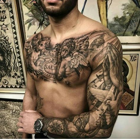 Tattoo Inspiration Men, Religious Tattoo, Cool Chest Tattoos, Pieces Tattoo, Chest Tattoos, Religious Tattoos, Cat Tattoos, Inspiration Tattoos, Chest Piece Tattoos